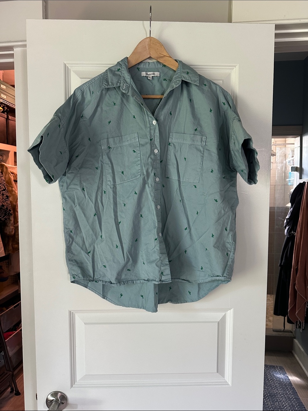 Madewell Short-Sleeve Button-Up Shirt in Sage Green with cacti print